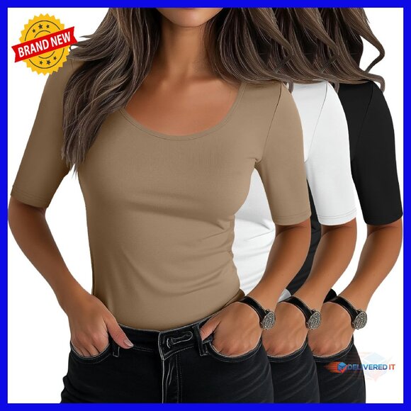 3 Pack Scoop Neck Half Sleeve Slim Fitted Cotton Blend Tees